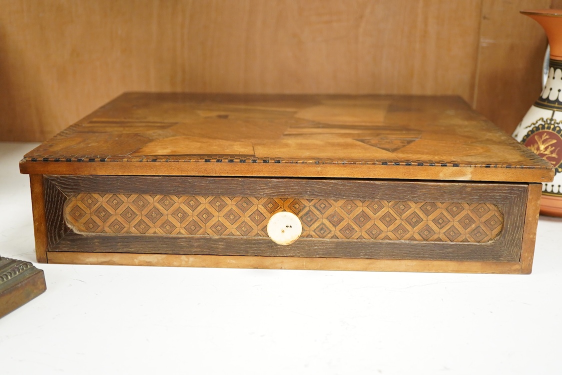 A Japanese Hakone ware marquetry box, with drawer and bone handle, 39cm wide x 32cm deep x 8.5cm high
